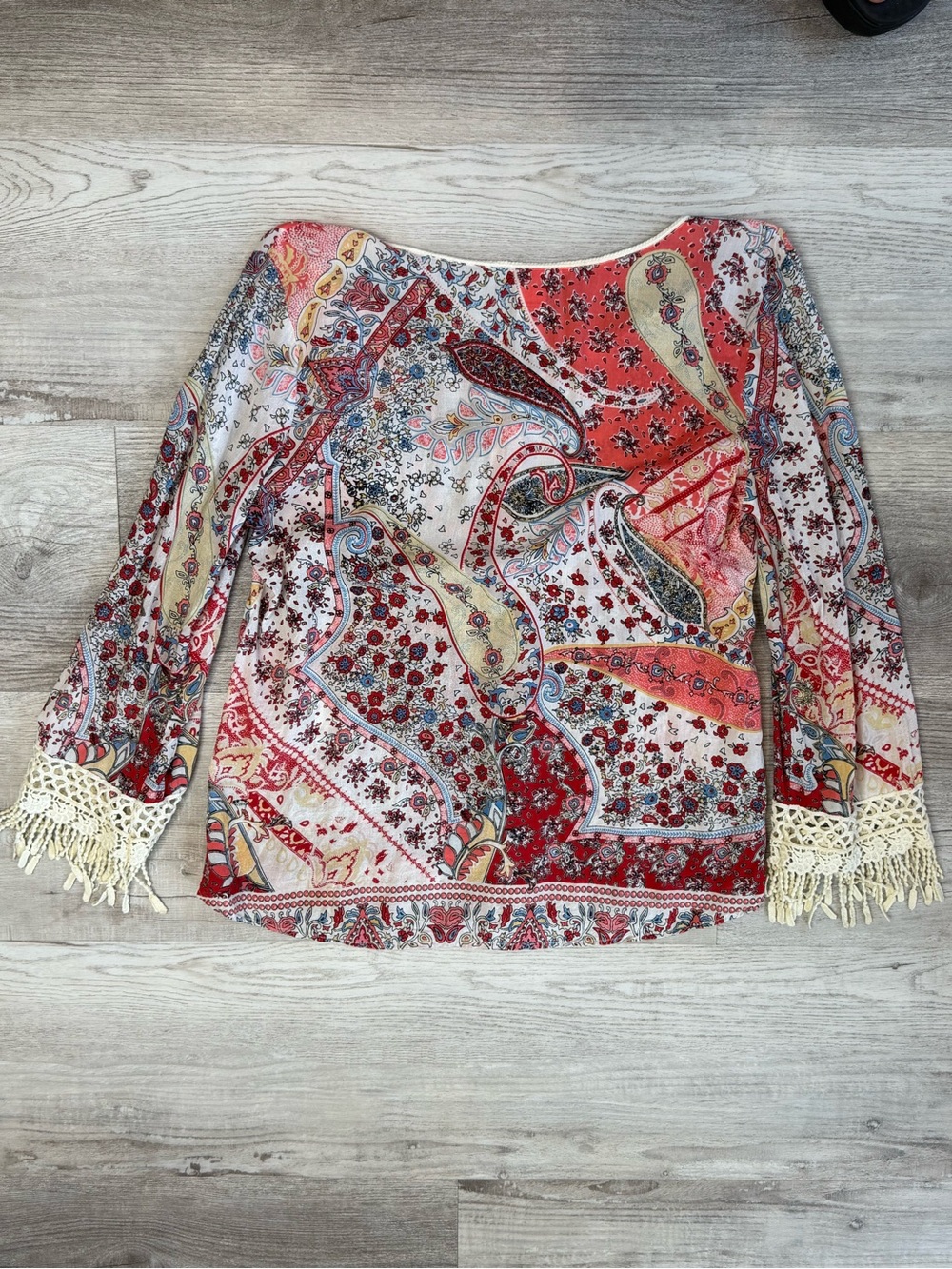 Sundance Terraza Paisley Boho Blouse Crochet Fringe V-Neck Tunic Top Size M - Picture 9 of 12